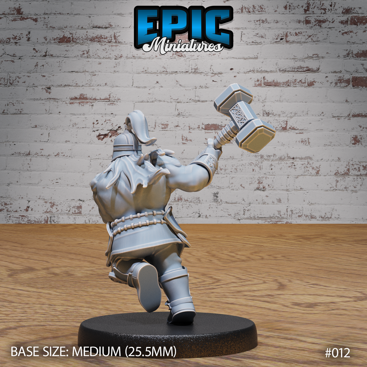 Dwarf warrior seen from behind mid-charge, double-headed warhammer raised in one hand, braided hair visible beneath a winged helmet, fur-trimmed cloak flowing, Celtic knotwork detailed across armour. Sculpt by Epic Miniatures.