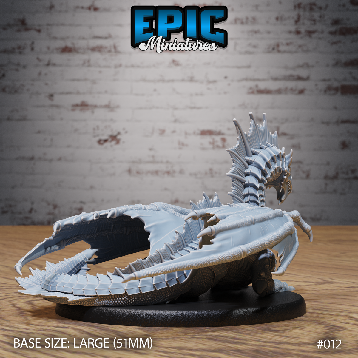 Young green dragon miniature viewed from behind with wings arched outward and spiked crest rising tall, revealing the scaled dorsal spine, feathered tail tip, and textured wing membrane. Sculpt by Epic Miniatures.