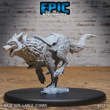 Ferocious armoured war wolf in a full forward lunge, jaws stretched wide in a snarl, wearing studded barding and a saddle, mounted on a broken-stone scenic base. Sculpt by Epic Miniatures.