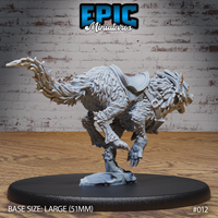 War wolf with dense layered fur and a wildly lashing tail, barding visible across shoulders and chest, clawed feet raised mid-bound, on a broken-stone scenic base. Sculpt by Epic Miniatures.