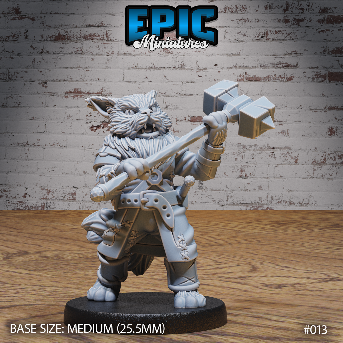 Snarling cat-folk warrior in leather armour raising a heavy angular warhammer overhead with both hands, wild mane, cross-laced shins, studded belt. Sculpt by Epic Miniatures.