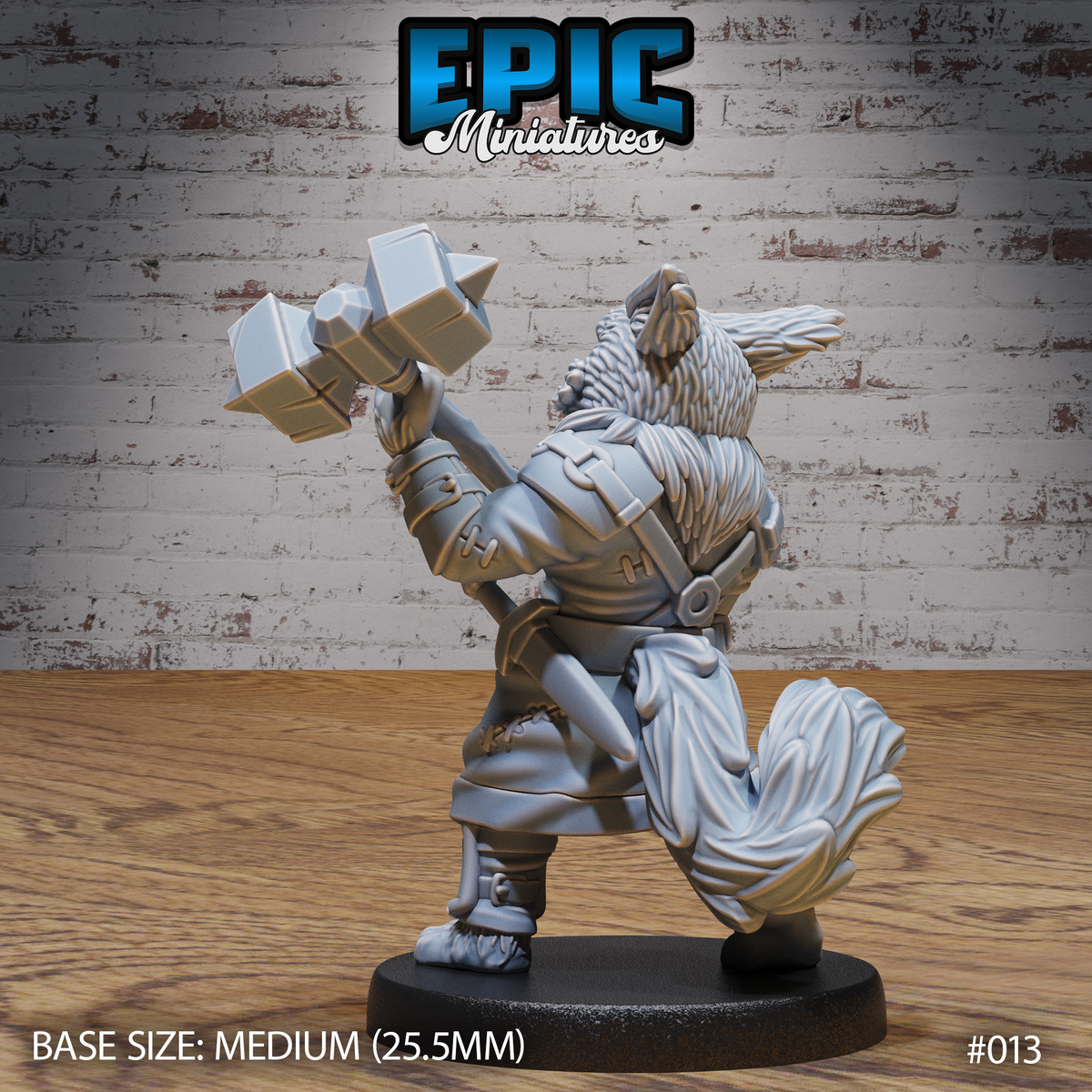 Cat-folk warrior with a thick fluffy tail, leather armour with buckled harness straps, warhammer raised high, wild mane swept back. Sculpt by Epic Miniatures.
