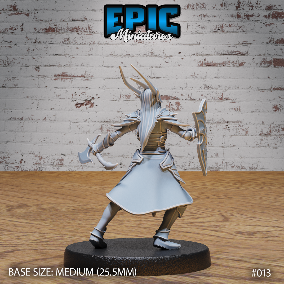 Dark elf warrior seen from behind, long pale hair flowing beneath a swept horned helm, shield arm extended outward, hand axe pulled back, coat hem flaring mid-motion. Sculpt by Epic Miniatures.