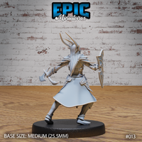 Dark elf warrior seen from behind, long pale hair flowing beneath a swept horned helm, shield arm extended outward, hand axe pulled back, coat hem flaring mid-motion. Sculpt by Epic Miniatures.