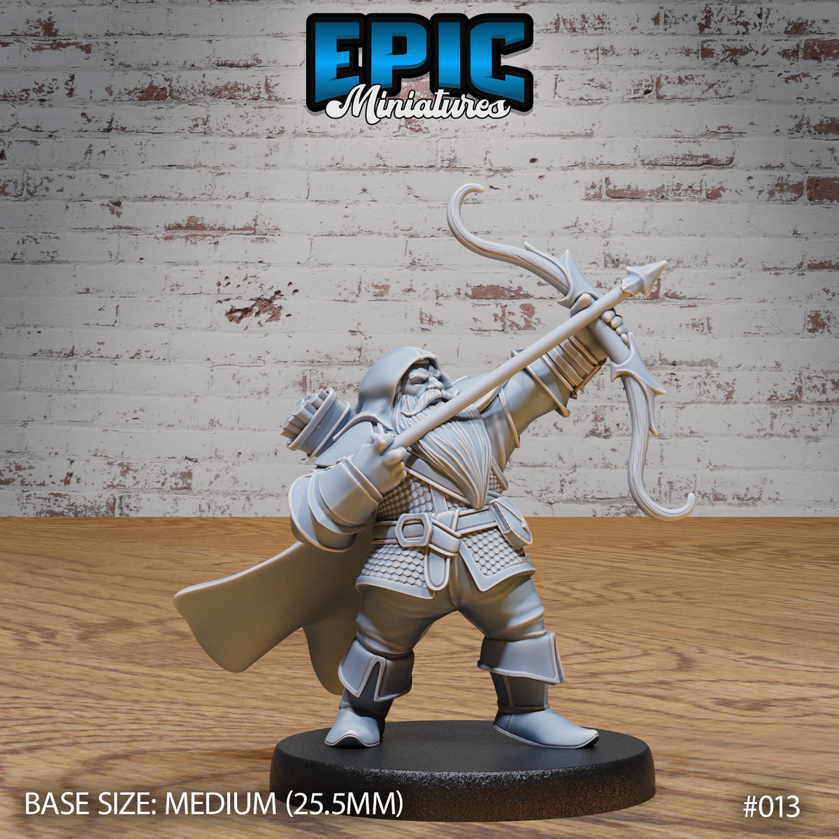 Stout dwarf warrior in scale armour and plated pauldrons, braced wide-legged and levelling an ornate crossbow upward. Bearded face beneath a close hood, long cape at his side, bolt quiver strapped to his torso. By Epic Miniatures.