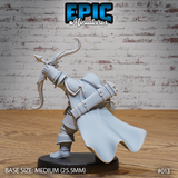 Rear view of a dwarf crossbowman in layered scale armour, a long flowing cape billowing behind him, bolt quiver visible on his back. Crossbow raised with curling ornate limb tips prominent. By Epic Miniatures.