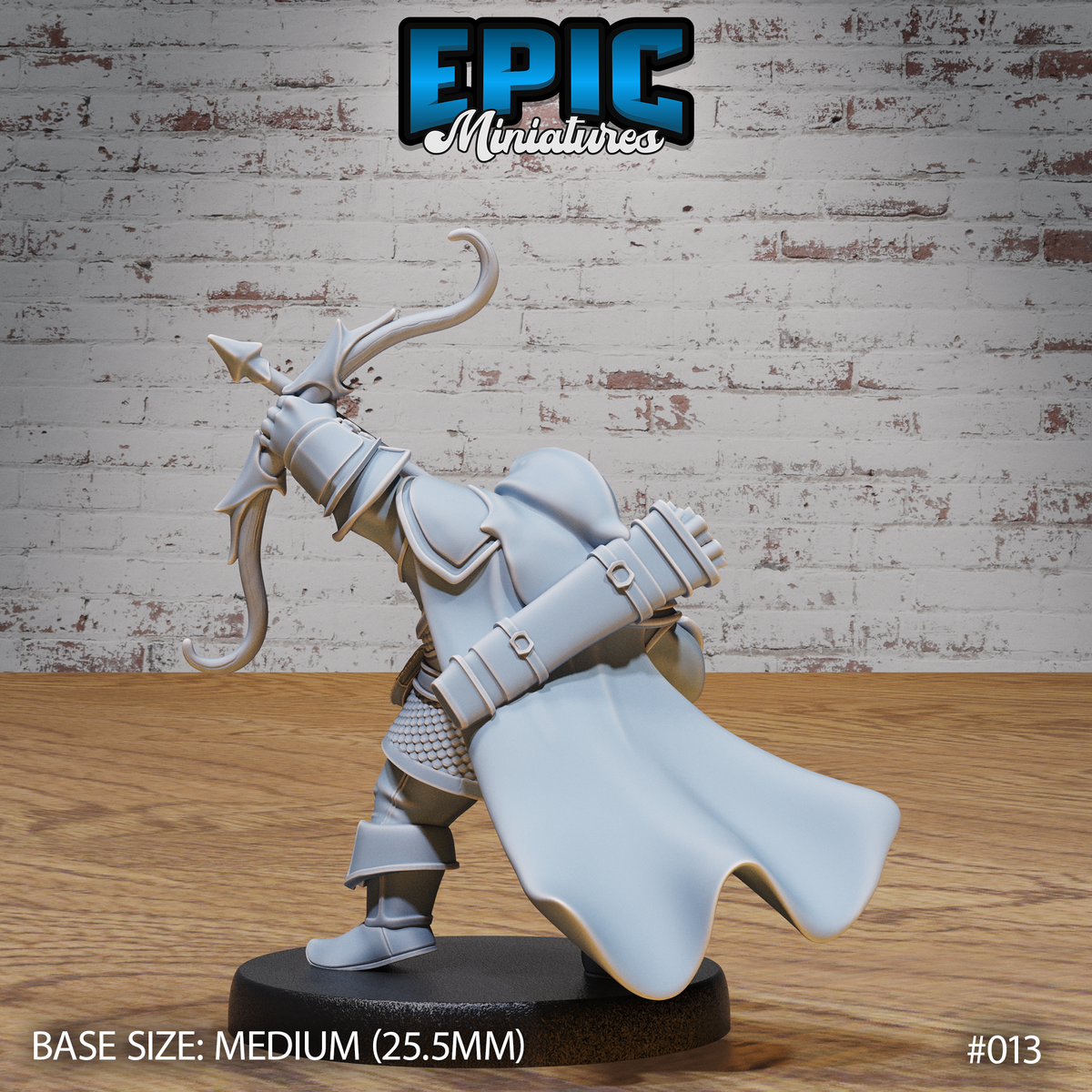 Rear view of a dwarf crossbowman in layered scale armour, a long flowing cape billowing behind him, bolt quiver visible on his back. Crossbow raised with curling ornate limb tips prominent. By Epic Miniatures.