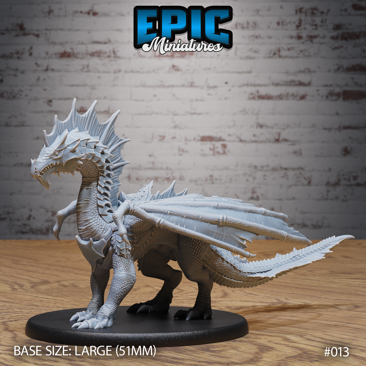 Young green dragon miniature facing left with jaws open, tall dorsal fin crests running from head to spine, folded wings, barbed feather-edged tail, standing on a 51mm round base. Sculpt by Epic Miniatures.