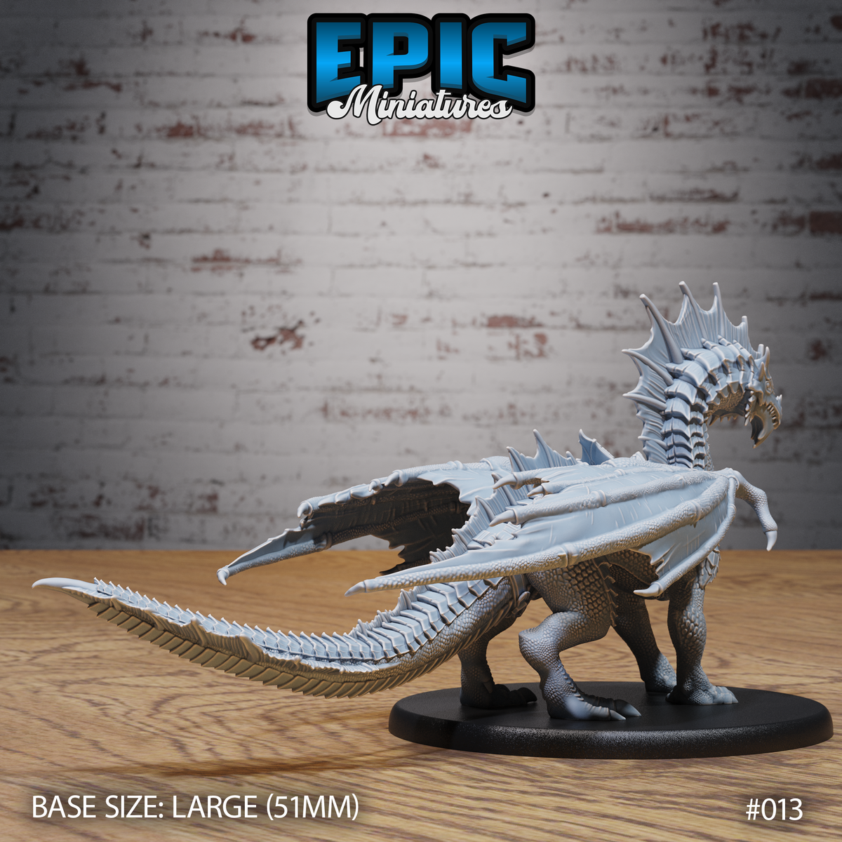 Young green dragon miniature viewed from the rear-right, displaying wide swept wings, ridged spine crests, articulated tail with serrated edges, and powerful haunches on a 51mm round base. Sculpt by Epic Miniatures.