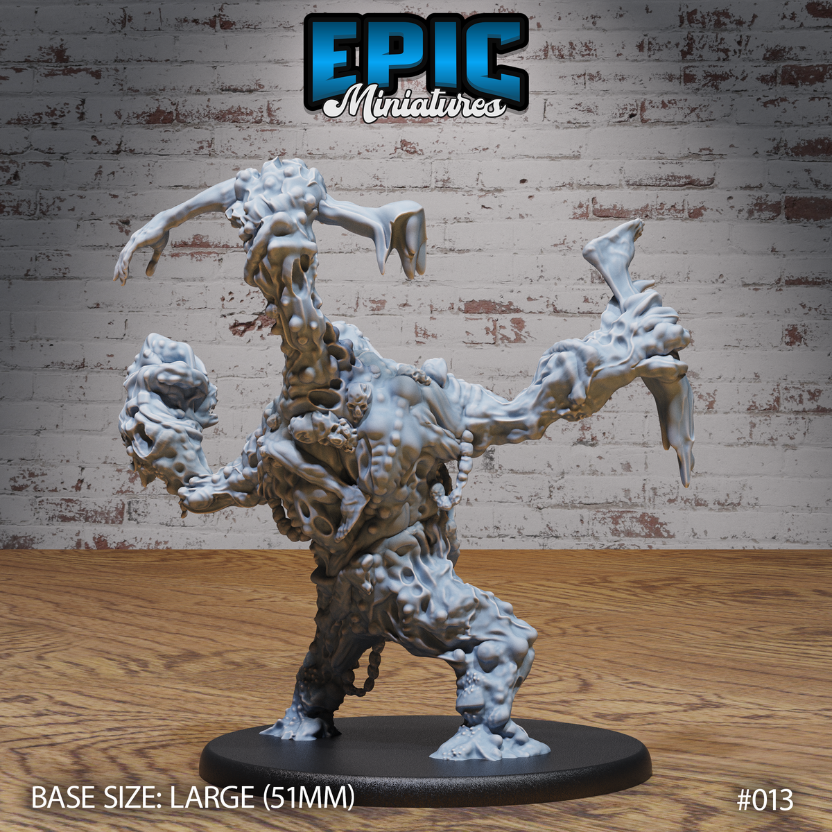 Multi-limbed flesh golem leaning forward aggressively, branching upper limbs spread wide, torso bearing a circular fanged mouth and embedded face details. Sculpt by Epic Miniatures.