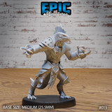 Lizardfolk warrior in a low forward lunge, both clawed hands thrust outward, wearing layered chest armour with chain fastening and greaved lower legs, dorsal spines cresting the head, tail sweeping behind. Sculpt by Epic Miniatures.