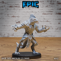 Lizardfolk warrior in a low forward lunge, both clawed hands thrust outward, wearing layered chest armour with chain fastening and greaved lower legs, dorsal spines cresting the head, tail sweeping behind. Sculpt by Epic Miniatures.