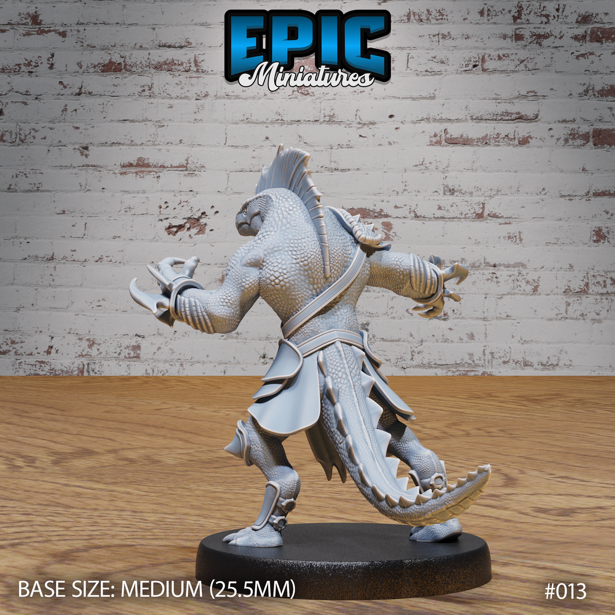 Lizardfolk warrior viewed from behind showing the full sweep of the muscular tail, broad scaled back, spiked shoulder neckpiece, and layered armour plates over the lower body. Sculpt by Epic Miniatures.
