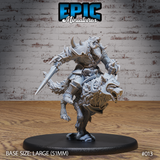 Armoured orc wolf rider thrusting a broad sword forward, mounted on a snarling rearing wolf with open jaws, wearing spiked plate armour and a horned helm, with a wolf-skull shield on the off-arm. Sculpt by Epic Miniatures.