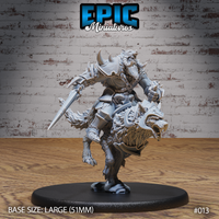 Armoured orc wolf rider thrusting a broad sword forward, mounted on a snarling rearing wolf with open jaws, wearing spiked plate armour and a horned helm, with a wolf-skull shield on the off-arm. Sculpt by Epic Miniatures.