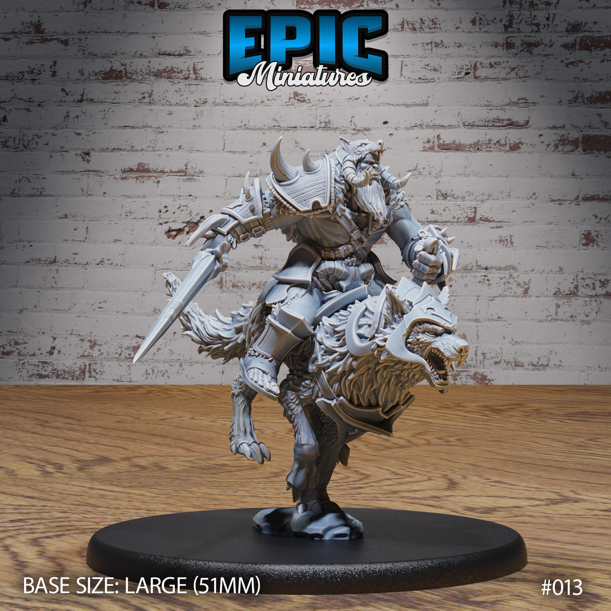 Armoured orc wolf rider thrusting a broad sword forward, mounted on a snarling rearing wolf with open jaws, wearing spiked plate armour and a horned helm, with a wolf-skull shield on the off-arm. Sculpt by Epic Miniatures.