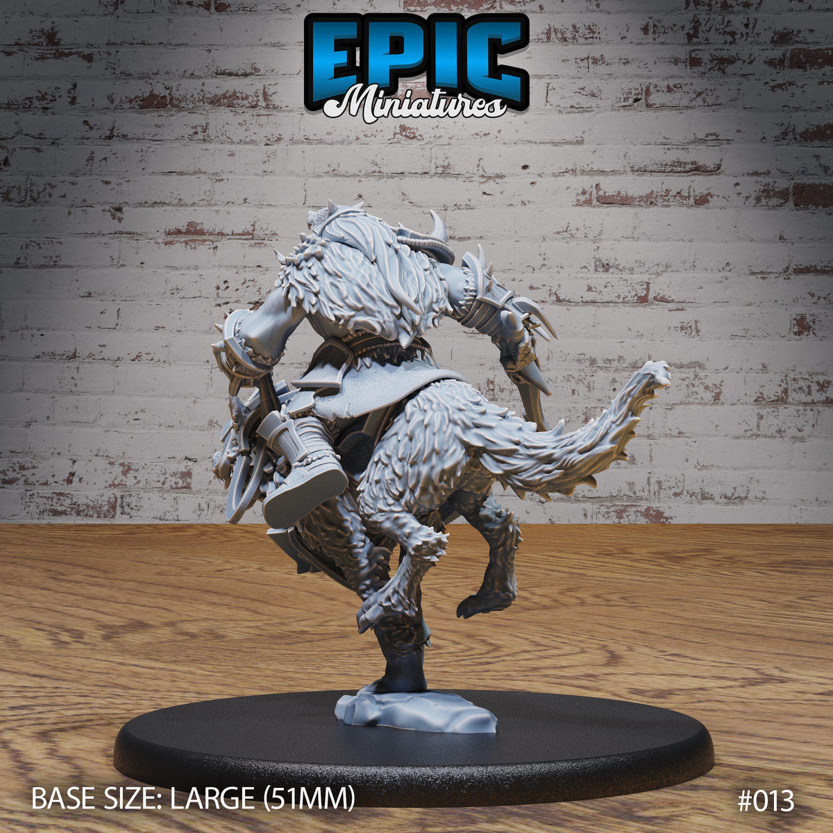 Rear view of an orc wolf rider in layered plate and spiked armour, seated on a heavily maned wolf rearing on its hind legs, with a thick fur cloak and armoured boots visible. Sculpt by Epic Miniatures.