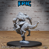 Rear view of an orc wolf rider in layered plate and spiked armour, seated on a heavily maned wolf rearing on its hind legs, with a thick fur cloak and armoured boots visible. Sculpt by Epic Miniatures.