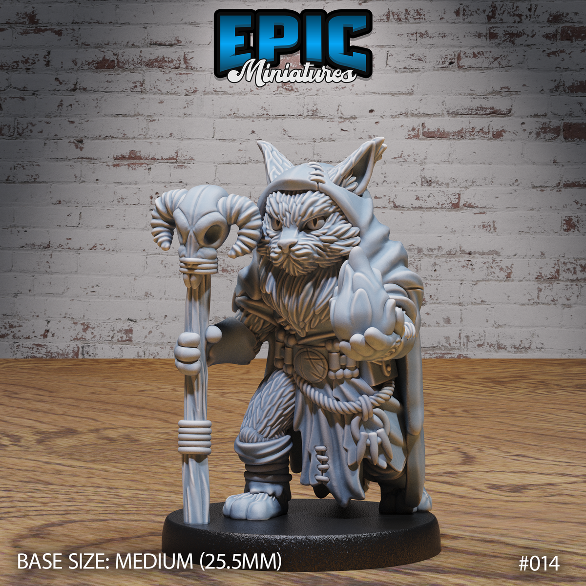 Heavyset cat-folk warlock gripping a tall skull-topped staff, wearing layered robes with a knotted sash and travel cape, fierce narrow-eyed expression, pawed feet. Sculpt by Epic Miniatures.