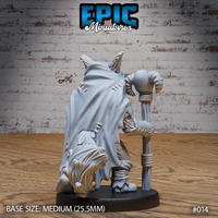 Cat-folk warlock seen from behind, showing a patchwork cape with prominent stitched seams, thick fur ruff at the neck, and clawed hand gripping a bound wooden staff. Sculpt by Epic Miniatures.