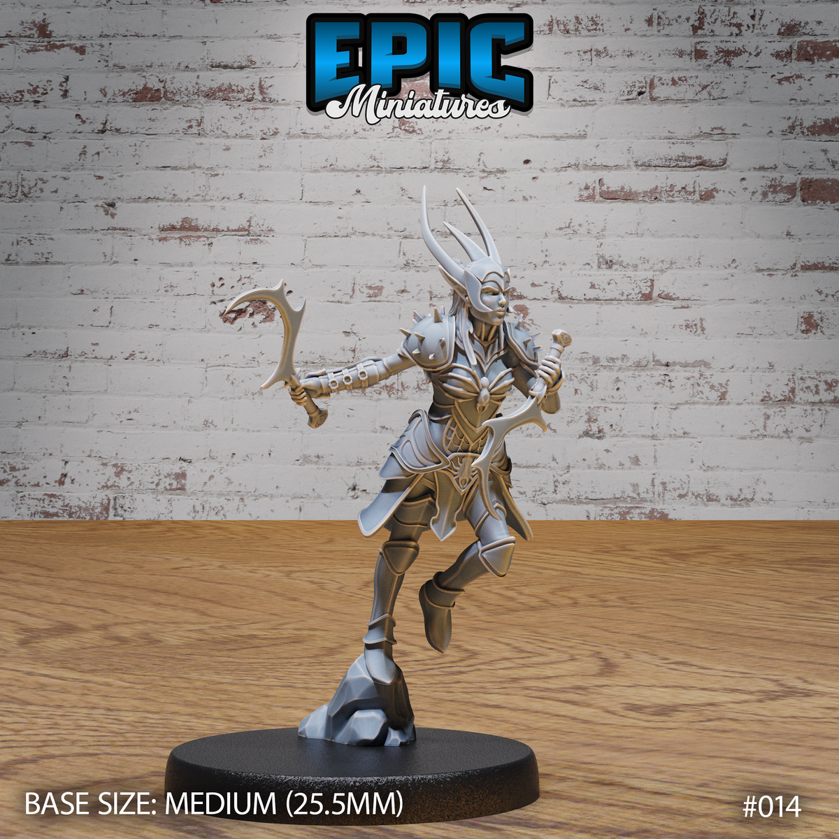 Dark elf female warrior mid-stride with one knee raised, wielding a crescent-bladed scythe in each hand, wearing layered plate armour with spiked pauldrons and a swept-back horned helm. Sculpt by Epic Miniatures.