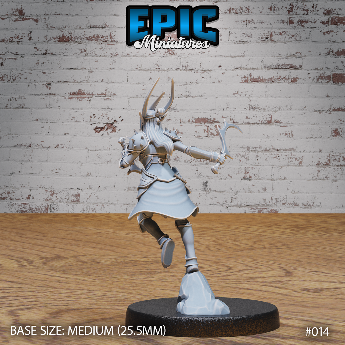 Dark elf female warrior seen from behind, long hair flowing, dual crescent scythes extended, spiked pauldrons and engraved plate armour visible across her back, standing on a rocky base. Sculpt by Epic Miniatures.