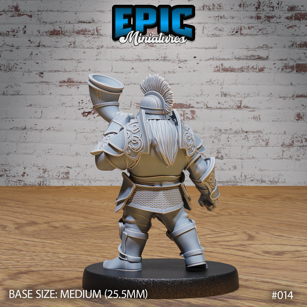 Dwarf warrior seen from behind, war horn raised overhead, showing braided helm crest, knotwork pauldrons, chainmail waist and layered plate leg armour. Sculpt by Epic Miniatures.