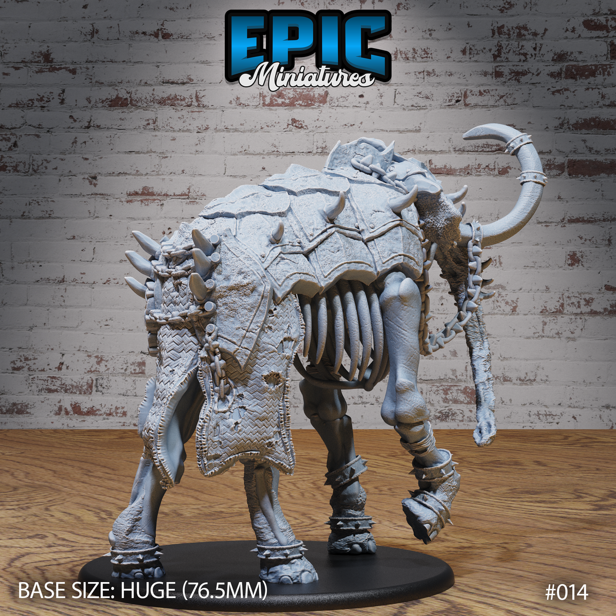 Skeletal elephant seen from behind showing cracked armoured barding across the back, exposed ribs along the flank, spiked shoulder protrusions, and a chained trunk curving to the right. Sculpt by Epic Miniatures.