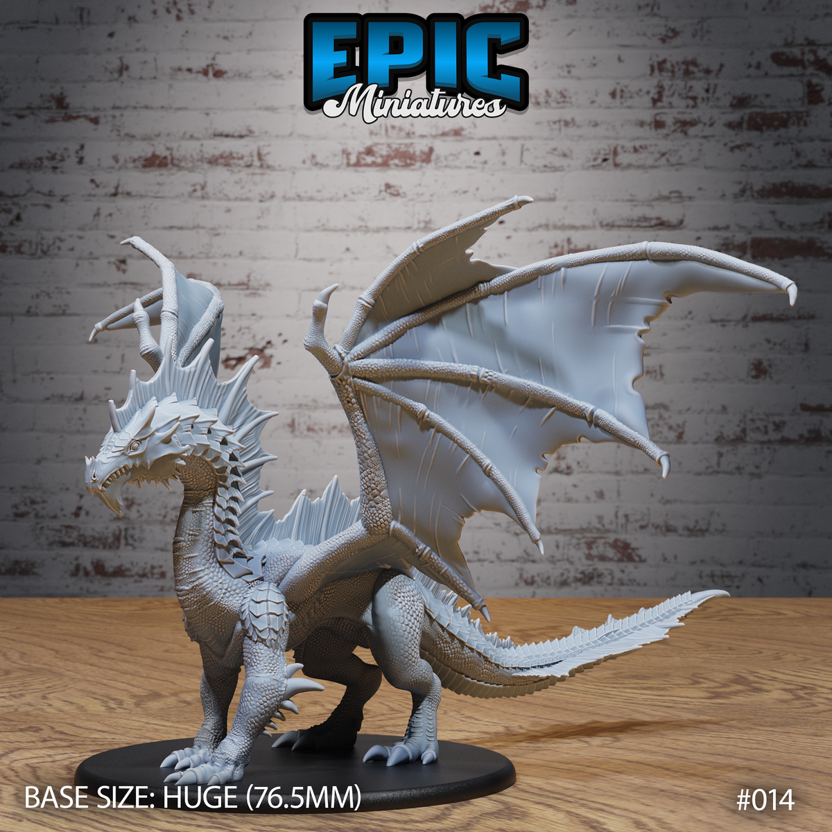 Adult green dragon miniature by Epic Miniatures, rearing upright with wings spread, jaws open, dorsal spines fanned behind the skull, on a 76.5mm round base.