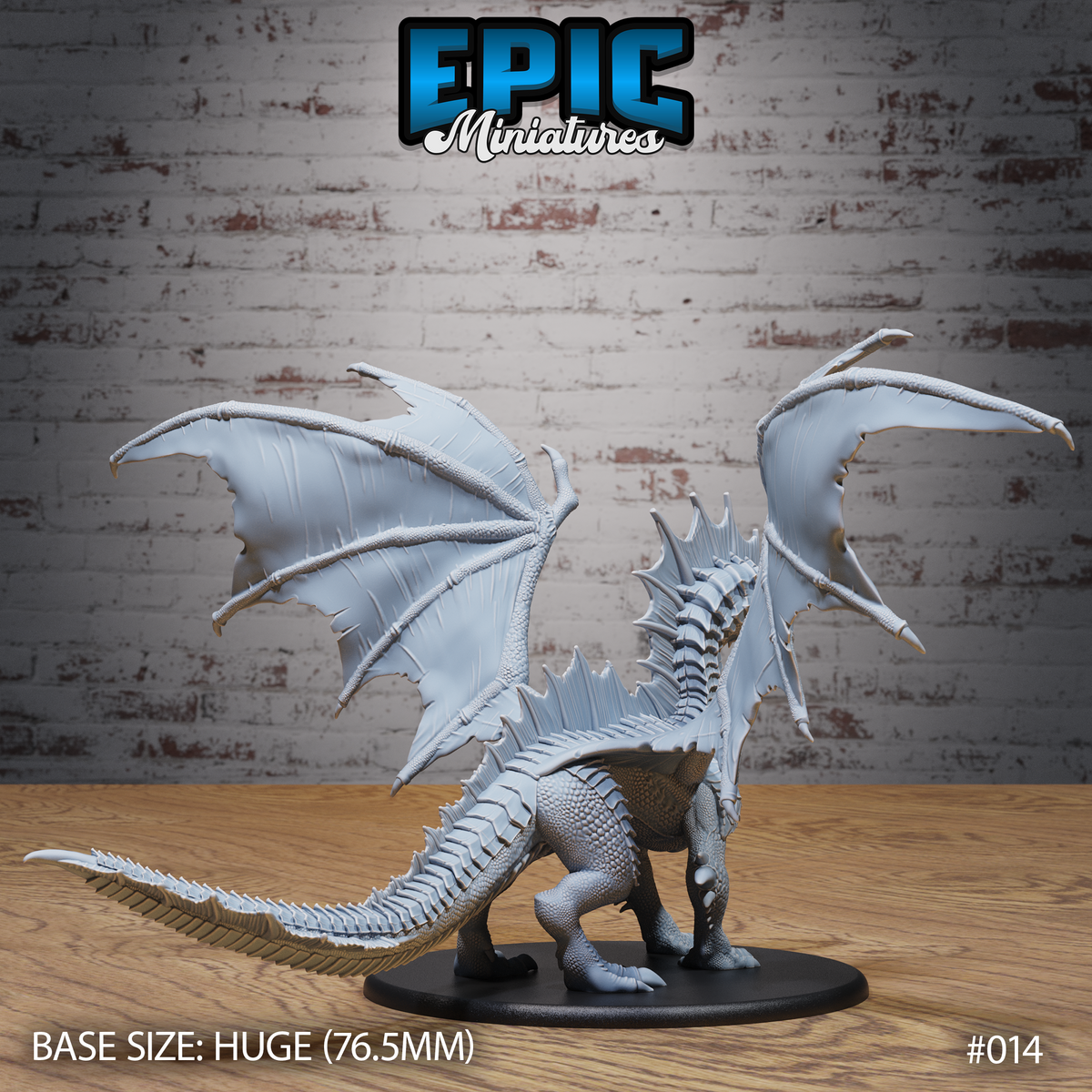Adult green dragon miniature by Epic Miniatures seen from behind, wings fully outstretched showing bony struts and membrane sails, spiked spine ridge and feathered tail tip visible.