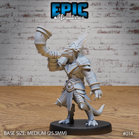 Armoured lizardfolk warrior raising a large curved war horn in one clawed hand, wearing segmented plate armour with dorsal spines fanning from the skull. Sculpt by Epic Miniatures.