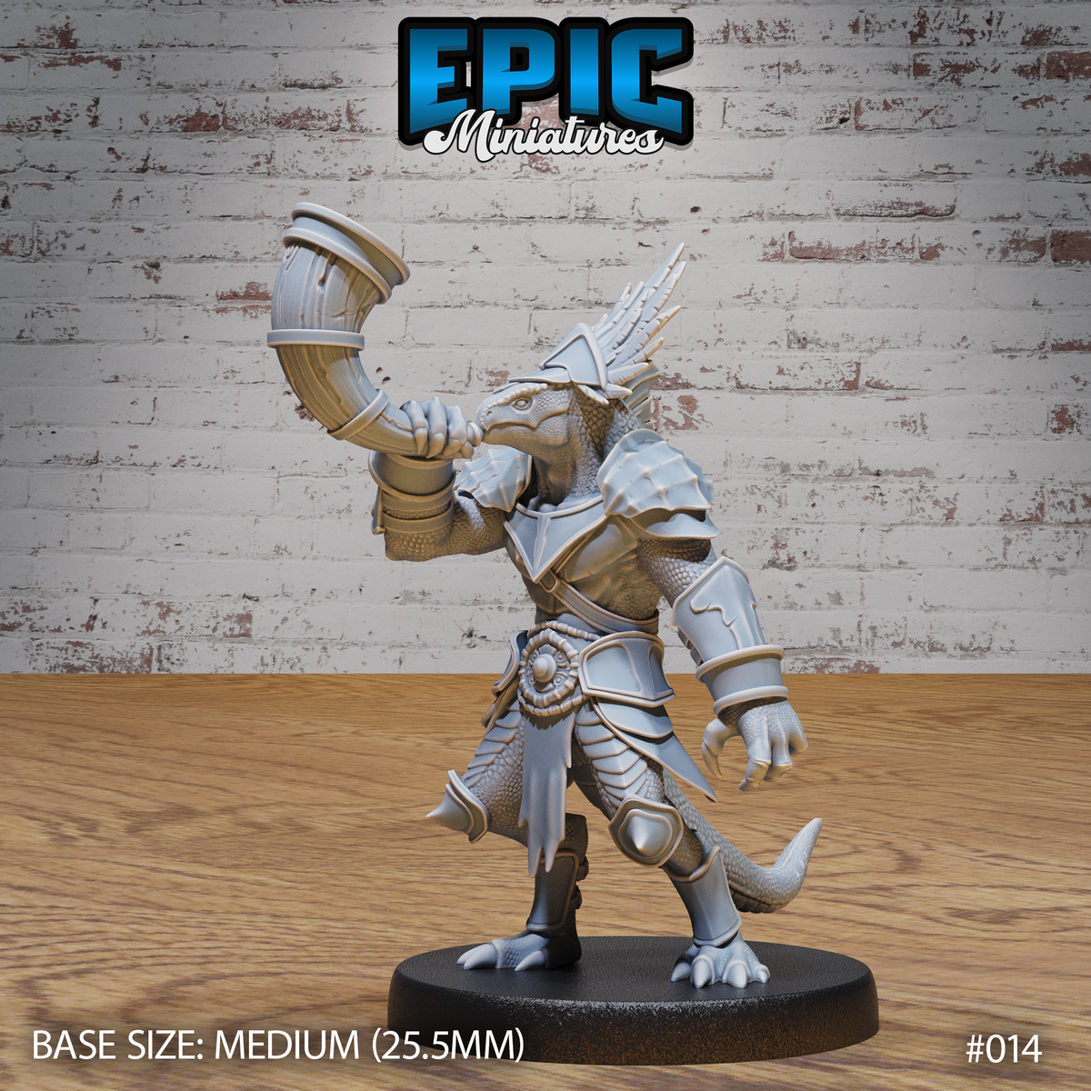 Armoured lizardfolk warrior raising a large curved war horn in one clawed hand, wearing segmented plate armour with dorsal spines fanning from the skull. Sculpt by Epic Miniatures.