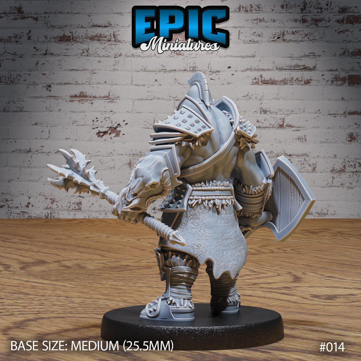 Orc warrior viewed from behind, revealing a broad spiked pauldron, layered plate across the back, a studded leather belt, fur-trimmed skirt, and the angular shield visible at his side. The spiked mace gauntlet extends to the left. Sculpt by Epic Miniatures.
