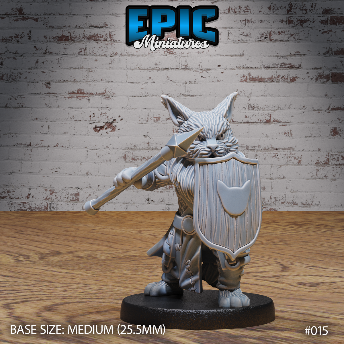 Stocky cat-folk warrior thrusting a long spear forward with right hand, large kite shield raised in left hand bearing a cat-head heraldic device, snarling muzzle, tufted ears pricked forward, wearing layered fur and leather armour. Sculpt by Epic Miniatures.