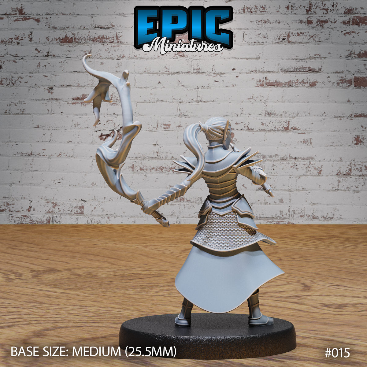 Dark elf warrior seen from behind, left arm raised high with a fire whip whose tendrils curl dramatically overhead. Detailed backplate armour with overlapping pauldrons, flowing coat beneath the plate, braided forearm guard, high ponytail. Sculpt by Epic Miniatures.