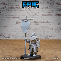 Stout dwarf bannerman in ornate engraved plate armour, gripping a tall pennant lance with a broad blank banner, long braided beard, standing upright. Sculpt by Epic Miniatures.