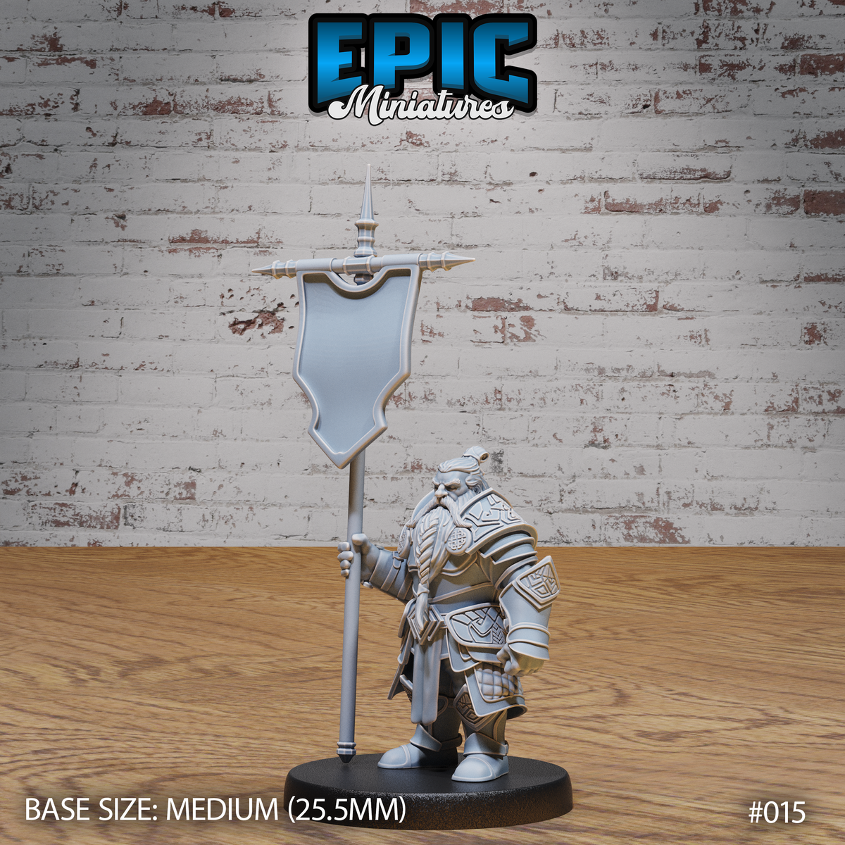 Stout dwarf bannerman in ornate engraved plate armour, gripping a tall pennant lance with a broad blank banner, long braided beard, standing upright. Sculpt by Epic Miniatures.
