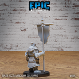 Dwarf bannerman viewed from behind, showing engraved knotwork across pauldrons and back plate, quilted gambeson beneath, holding a tall pennant lance with a pointed finial. Sculpt by Epic Miniatures.
