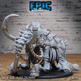 Collapsed elephant skeleton miniature with tusks, spiked banding, heavy chain loops, and segmented armour barding across the flanks, on a 76.5mm base. By Epic Miniatures.