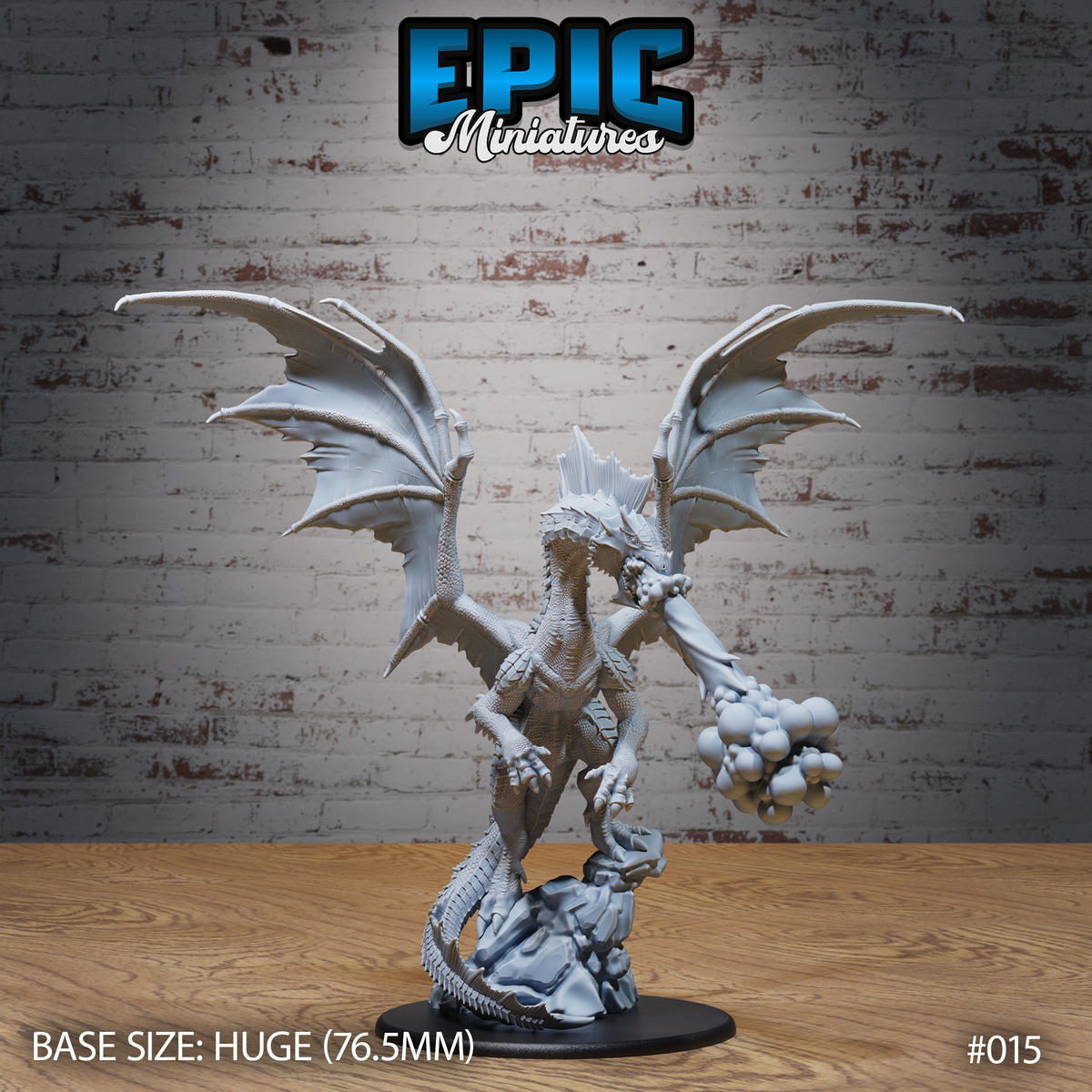 Adult Green Dragon rearing upright on a rocky base, wings fully spread, head tilted forward with a billowing cloud of gas breath emerging from its jaws. Sculpt by Epic Miniatures.