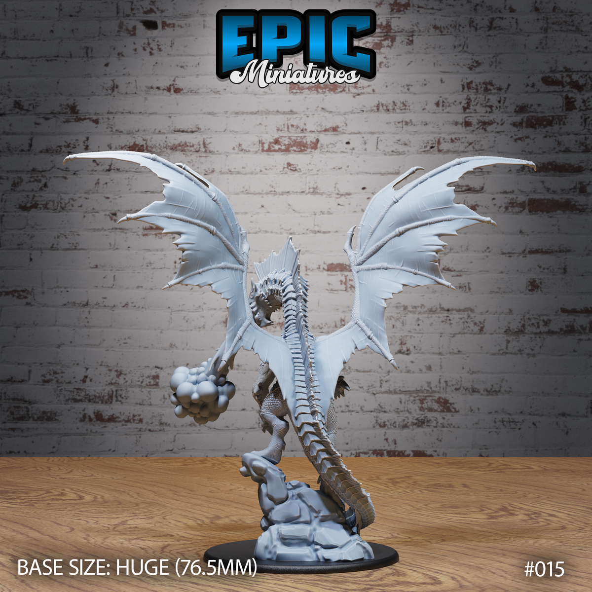 Adult Green Dragon viewed from behind, wings outstretched showing detailed membrane and bone structure, long segmented tail coiling down across a rocky base. Sculpt by Epic Miniatures.