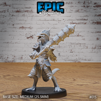 Armoured lizardfolk warrior snarling with jaws open, hoisting a massive conical studded mace over one shoulder, wearing layered scale armour with arm wrappings and a crested helm, clawed feet mid-stride. Sculpt by Epic Miniatures.