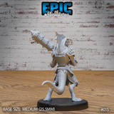 Lizardfolk soldier from behind showing textured scale-covered legs, tail, spiked shoulder armour, and the banded iron mace raised across the back, with detailed overlapping armour plates across the torso. Sculpt by Epic Miniatures.