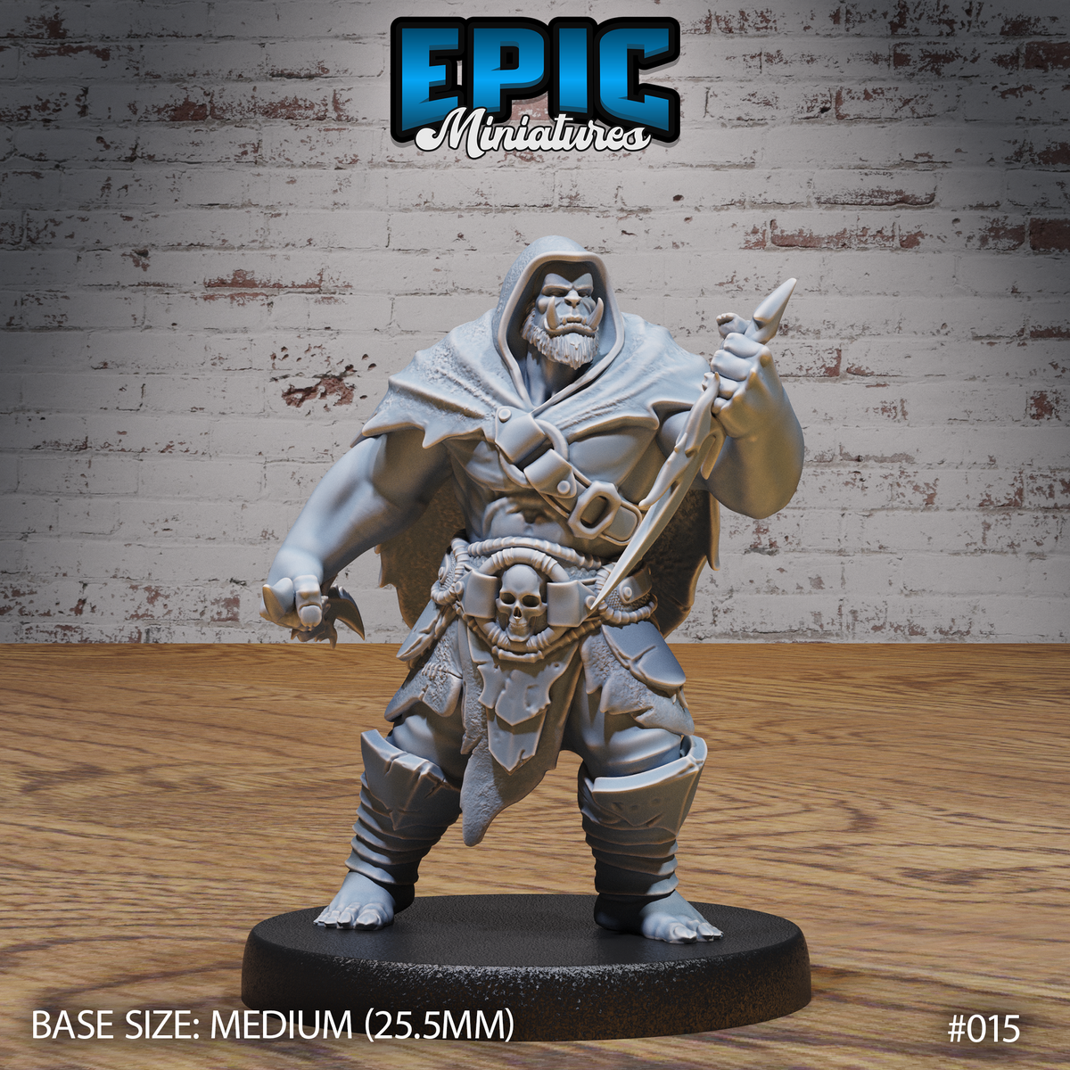Stocky hooded orc warrior raising a bone-handled dagger in one hand, clenched fist at his side, wearing a tattered cloak and skull-clasped rope belt, standing wide-legged. Sculpt by Epic Miniatures.