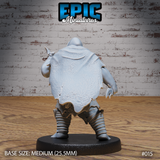 Hooded orc warrior seen from behind, revealing a broad textured cloak draped across his back, wrapped lower legs, and a claw-bladed weapon visible at his side. Sculpt by Epic Miniatures.