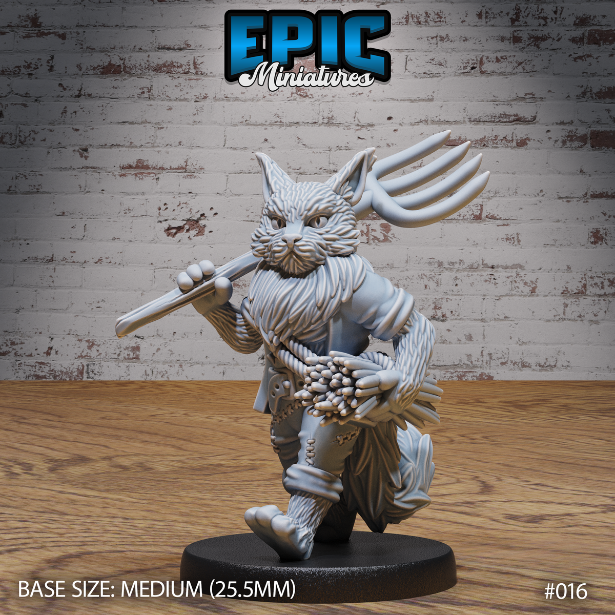 Tabaxi farmer miniature striding forward, holding a large pitchfork over one shoulder and a bundle of grain at the hip, with layered fur texture, stitched leather armour, and rope wrapping across the torso. Sculpt by Epic Miniatures.