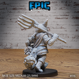 Tabaxi farmer miniature seen from behind, showing the pitchfork held across both hands at shoulder height, detailed fur across the back and legs, stitched leather panels, rope-wrapped torso, and a fluffy tail. Sculpt by Epic Miniatures.