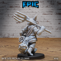 Tabaxi farmer miniature seen from behind, showing the pitchfork held across both hands at shoulder height, detailed fur across the back and legs, stitched leather panels, rope-wrapped torso, and a fluffy tail. Sculpt by Epic Miniatures.