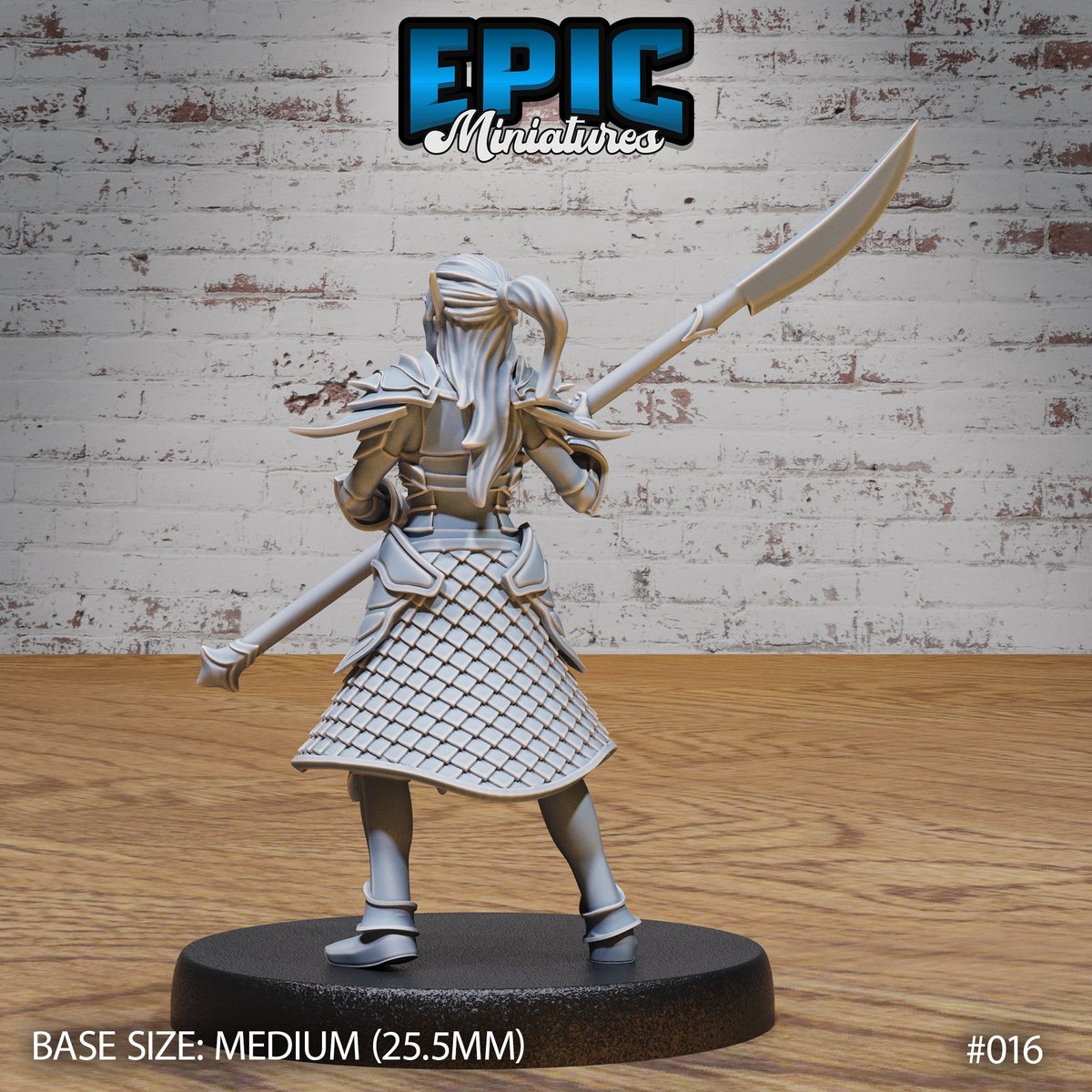 Dark elf female warrior in layered elven plate and chainmail skirt, hair tied back, holding a long spear extended overhead with weight pivoted forward, seen from behind. Sculpt by Epic Miniatures.