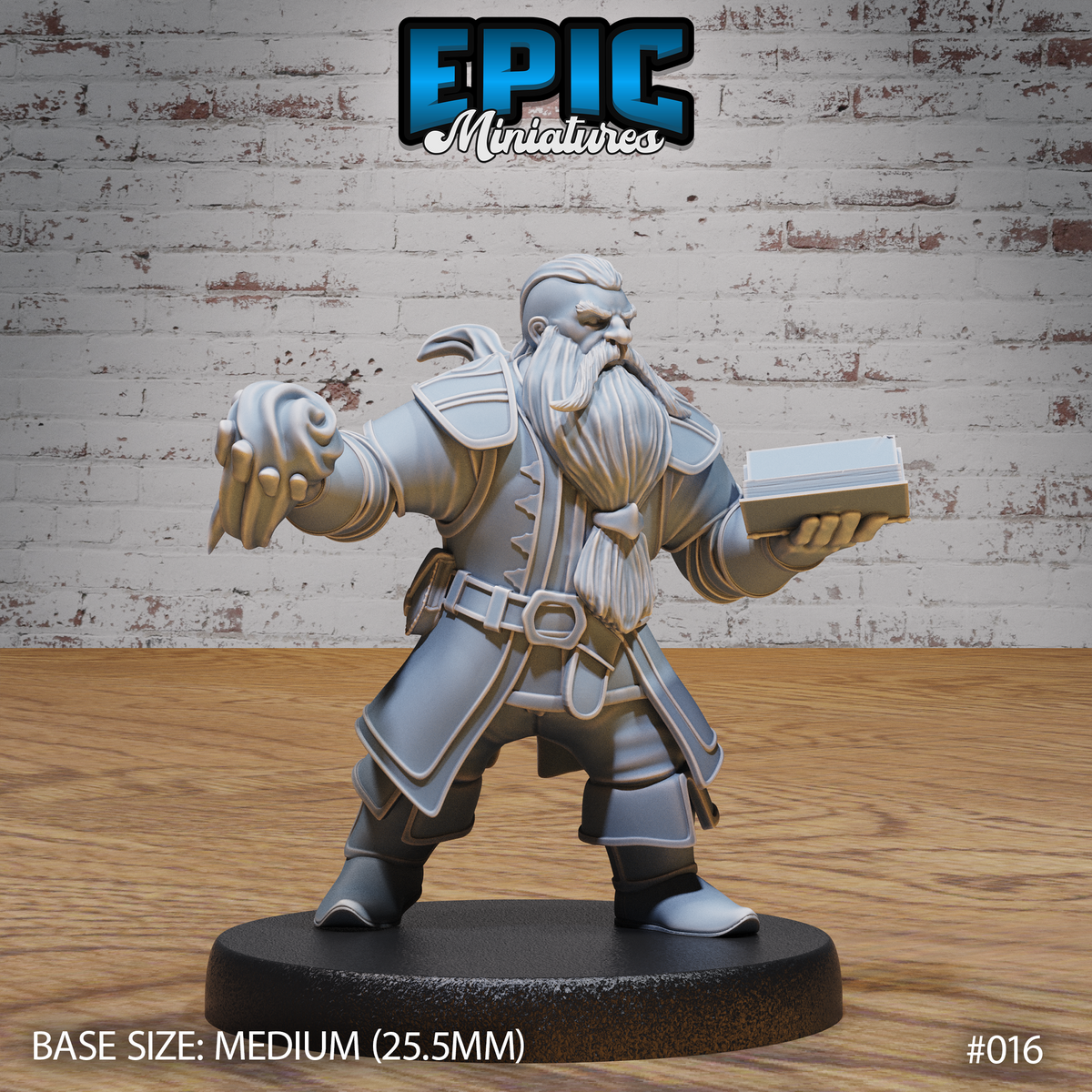 Stocky dwarf sorcerer thrusting his right arm forward with coiling spell energy at his fingertips, holding an open tome in his left hand, wearing layered robes over armour with a long flowing beard. Sculpt by Epic Miniatures.